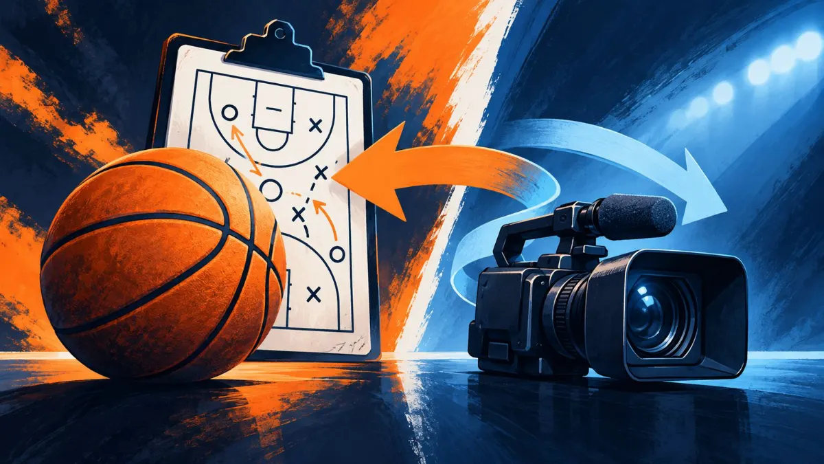 Illustrated basketball, scouting clipboard and video camera.