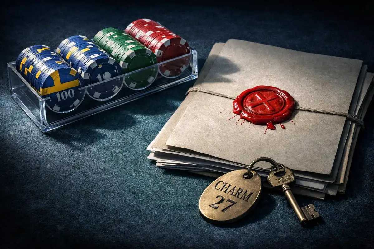 Conceptual illustration of a rack of casino chips beside a stack of tied paper folders sealed with red wax, with a brass key and oval tag reading “CHARM 27” in the foreground on a dark surface.