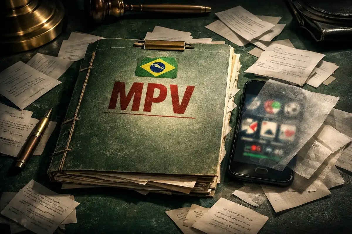 Conceptual still life of a worn green file marked “MPV” with a small Brazilian flag above it, surrounded by scattered papers on a desk beside a dark smartphone showing blurred betting-style app icons under translucent sheets.