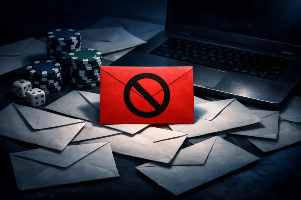 Conceptual still life of a red envelope marked with a black prohibition symbol, surrounded by sealed grey envelopes, poker chips, dice and an open laptop on a dark desk.