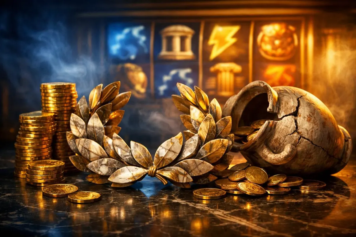 Conceptual still life of a marble-and-gold laurel wreath, stacks of gold coins and a cracked ceramic urn spilling coins on a dark table, with blurred mythic slot-style symbols glowing in the background.