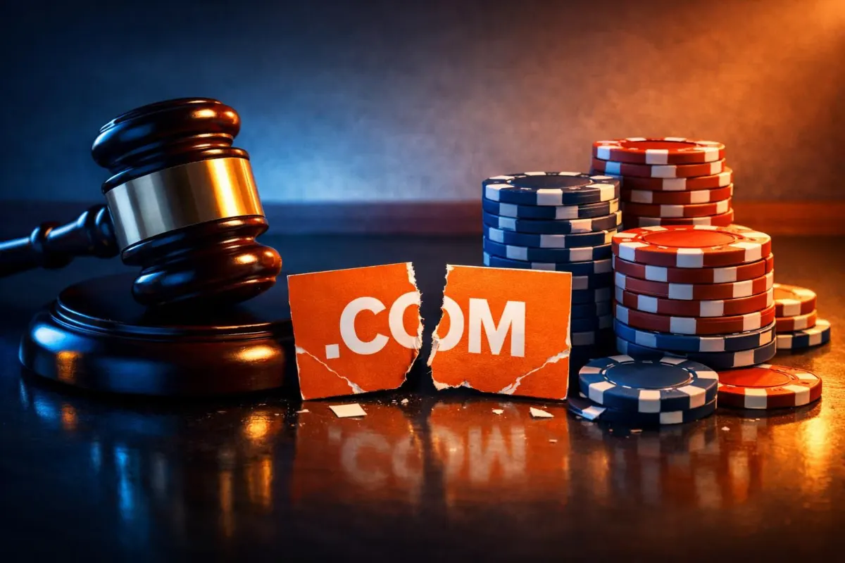 Conceptual still life showing a judge’s gavel beside stacks of red, white and blue casino chips and a torn orange card reading “.COM” on a reflective surface under blue and amber lighting.