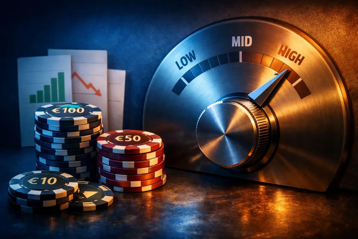 Conceptual illustration of euro-denominated gaming chips beside simple chart cards and a large metal dial labeled low, mid, and high, with the pointer set just below the highest range.