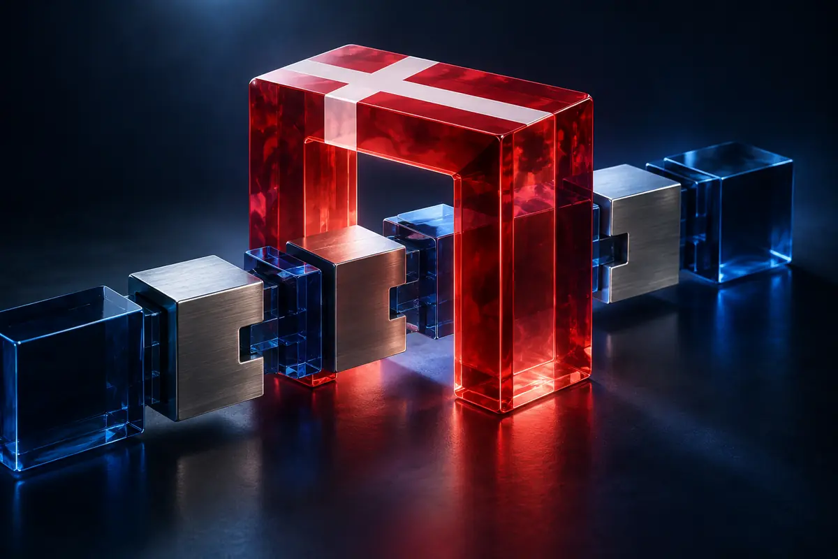 Conceptual red glass gateway with a Danish cross and interlocking blue glass and metal modules.