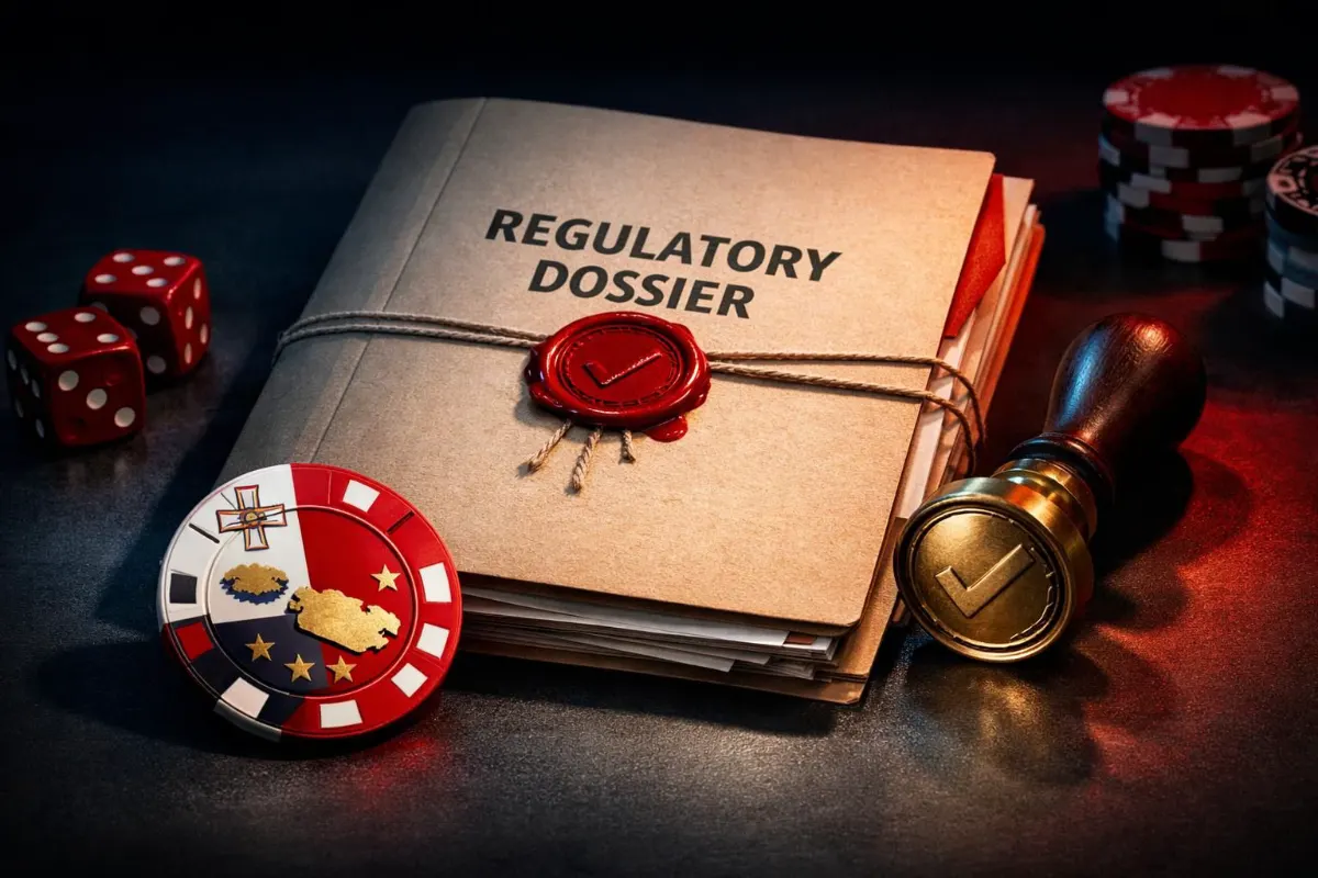 Conceptual still life of a folder labeled "REGULATORY DOSSIER" tied with string and sealed with red wax, beside a Malta-themed gaming chip, red dice, stacked poker chips and a brass stamp on a dark desk.