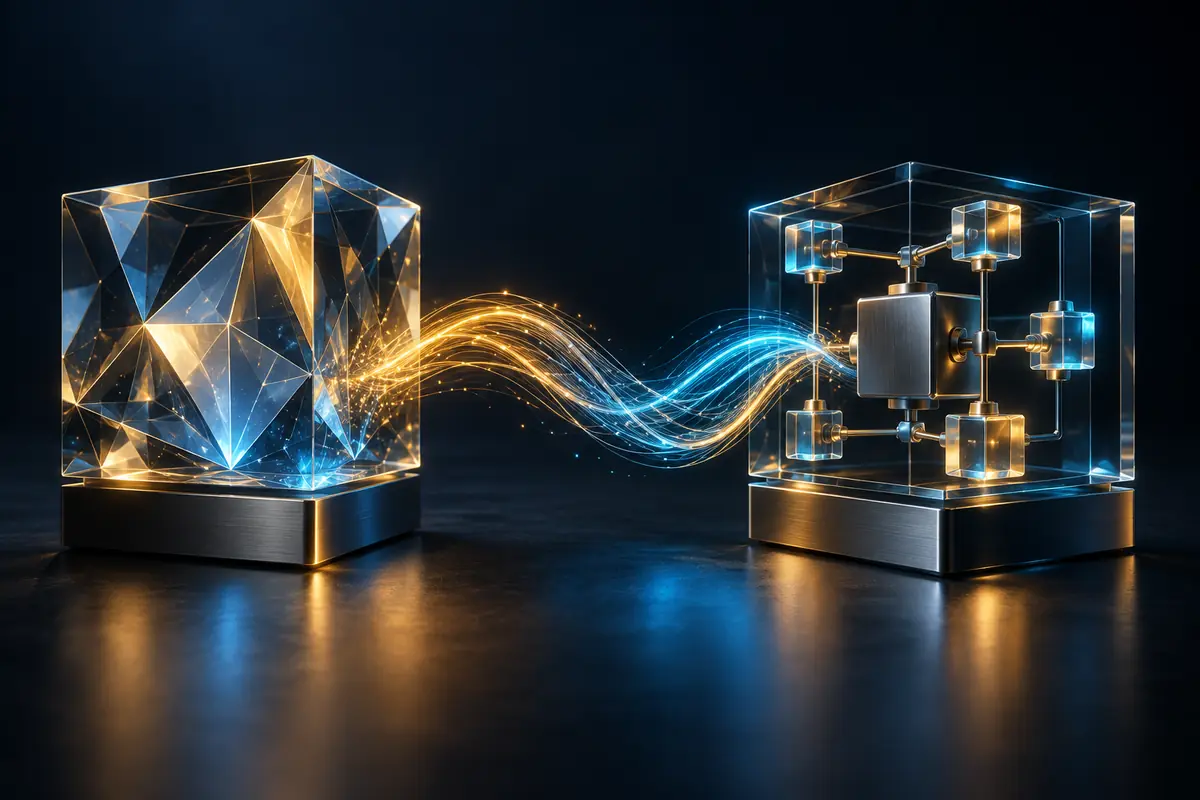 Conceptual glass analytics and workflow modules connected by amber and blue light signals.