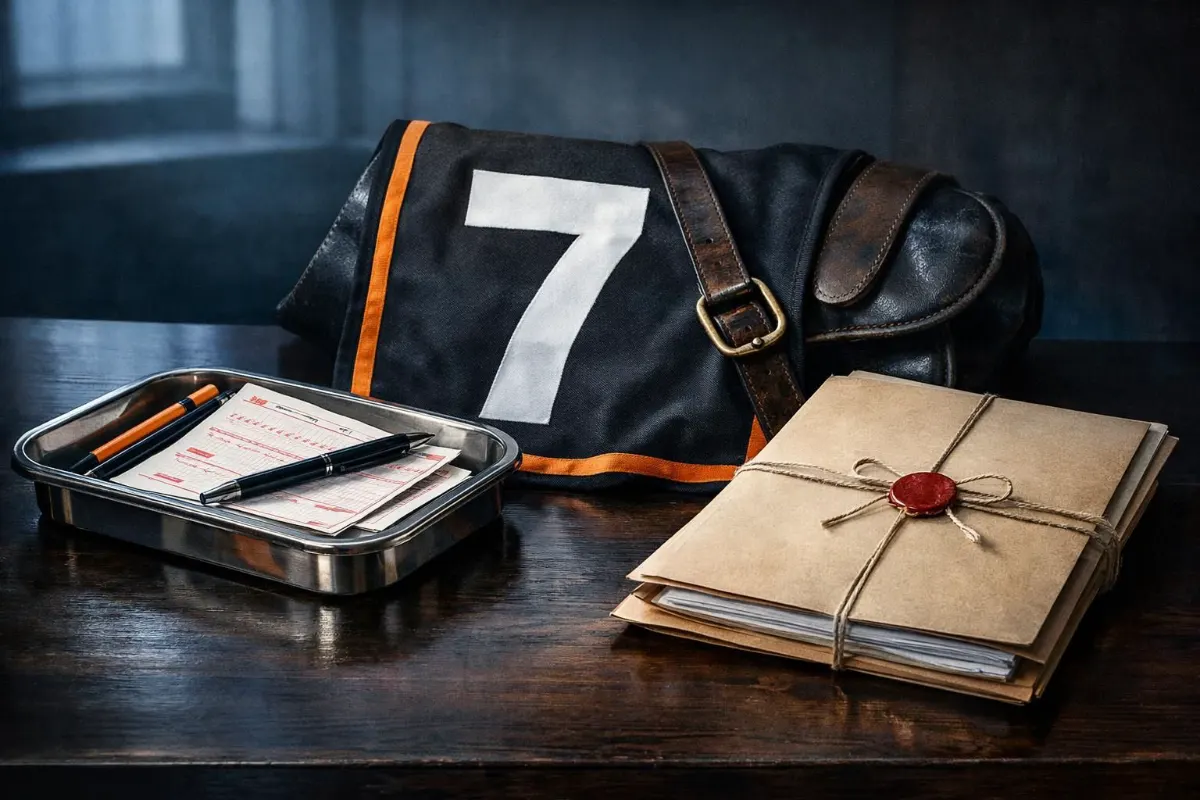 Conceptual still life of a metal tray holding betting slips and two pens beside a black horse-racing saddlecloth marked with a large white 7 and a tied paper dossier sealed with red wax on a dark desk.