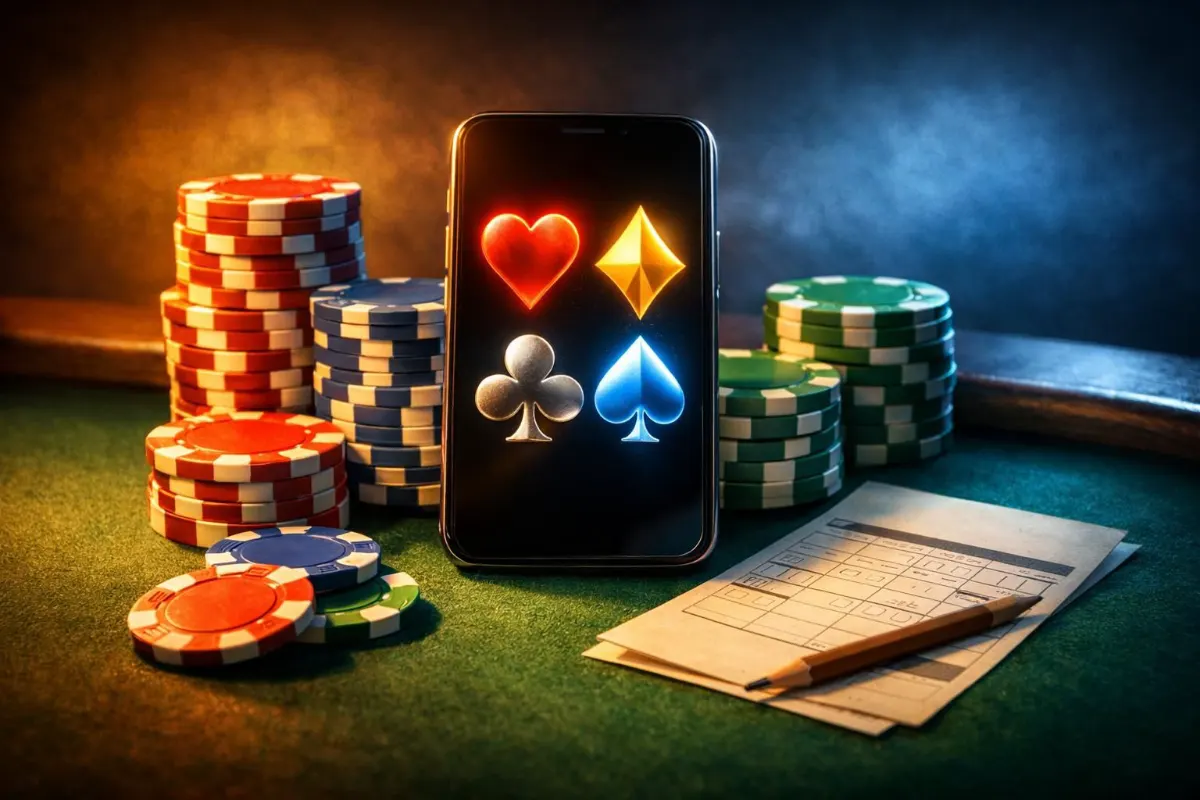 Conceptual illustration of a smartphone displaying glowing card-suit icons beside stacks of casino chips and an unmarked betting slip on a green felt table under split warm and cool lighting.