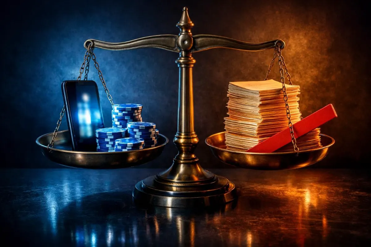 Conceptual illustration of bronze balance scales on a dark reflective surface, with a glowing smartphone and blue casino chips in the left pan and a stack of unmarked papers crossed by a red bar in the right pan, lit in blue and amber tones.