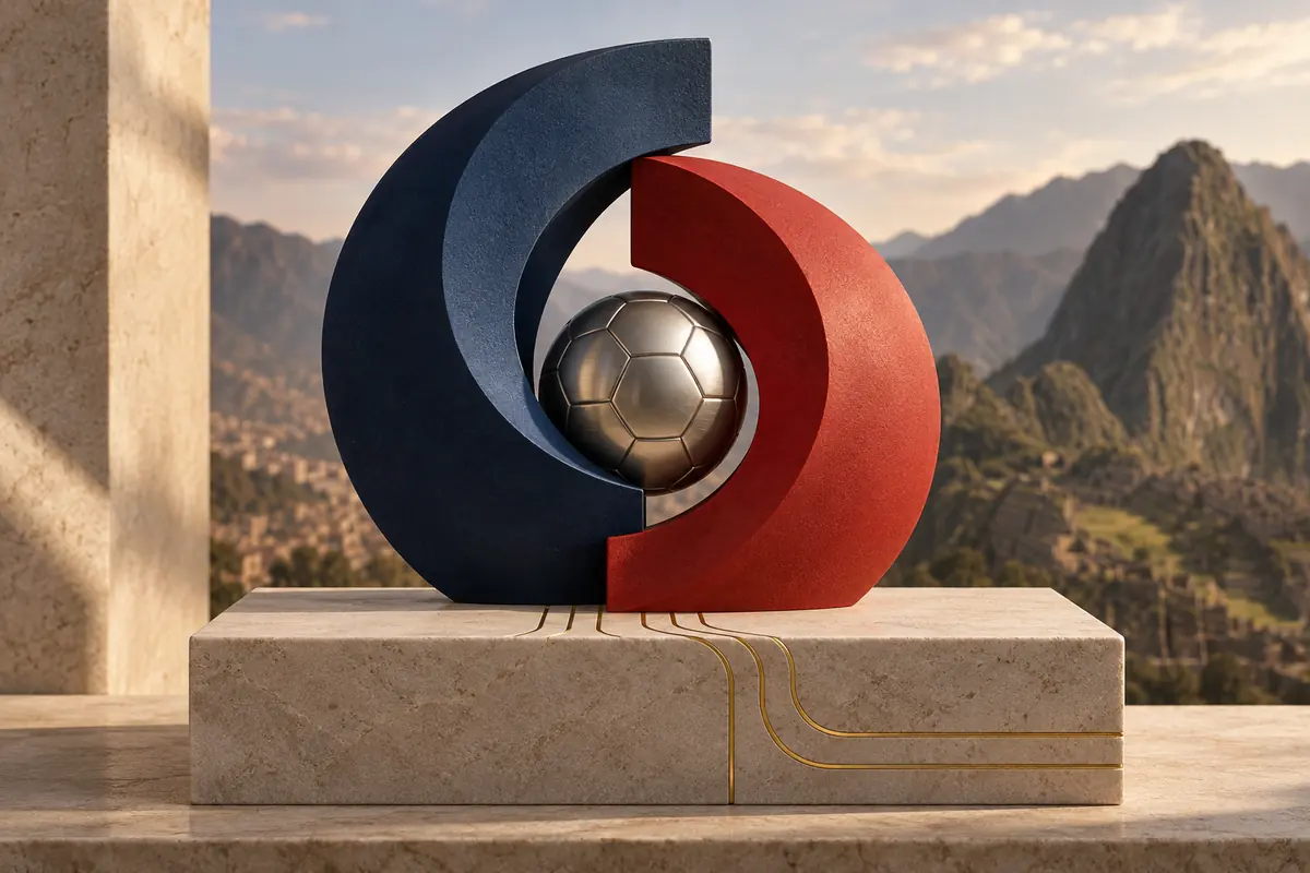 Constructed red and navy forms surround a metallic football above a stone plinth, with an imagined mountainous backdrop.