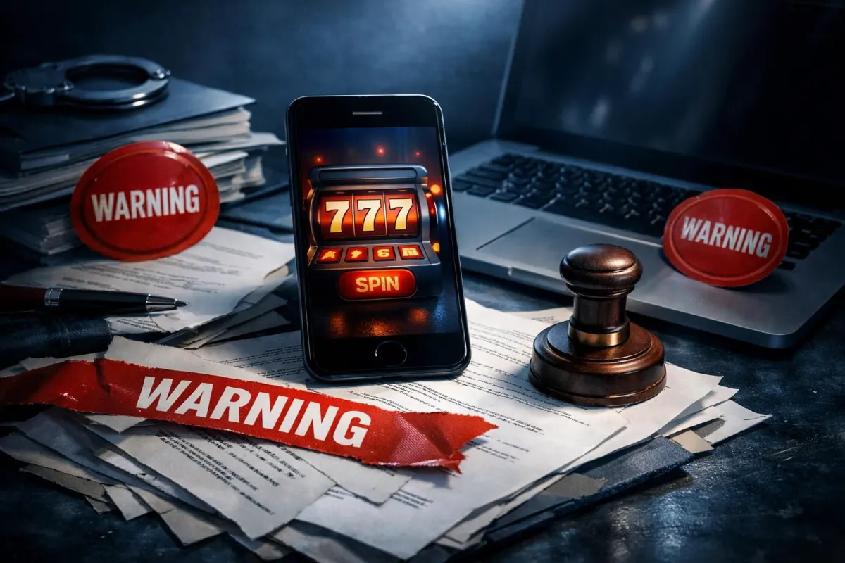 Conceptual still life of a smartphone showing a generic slot machine display beside a laptop, scattered papers, a stamp, and multiple red warning labels.