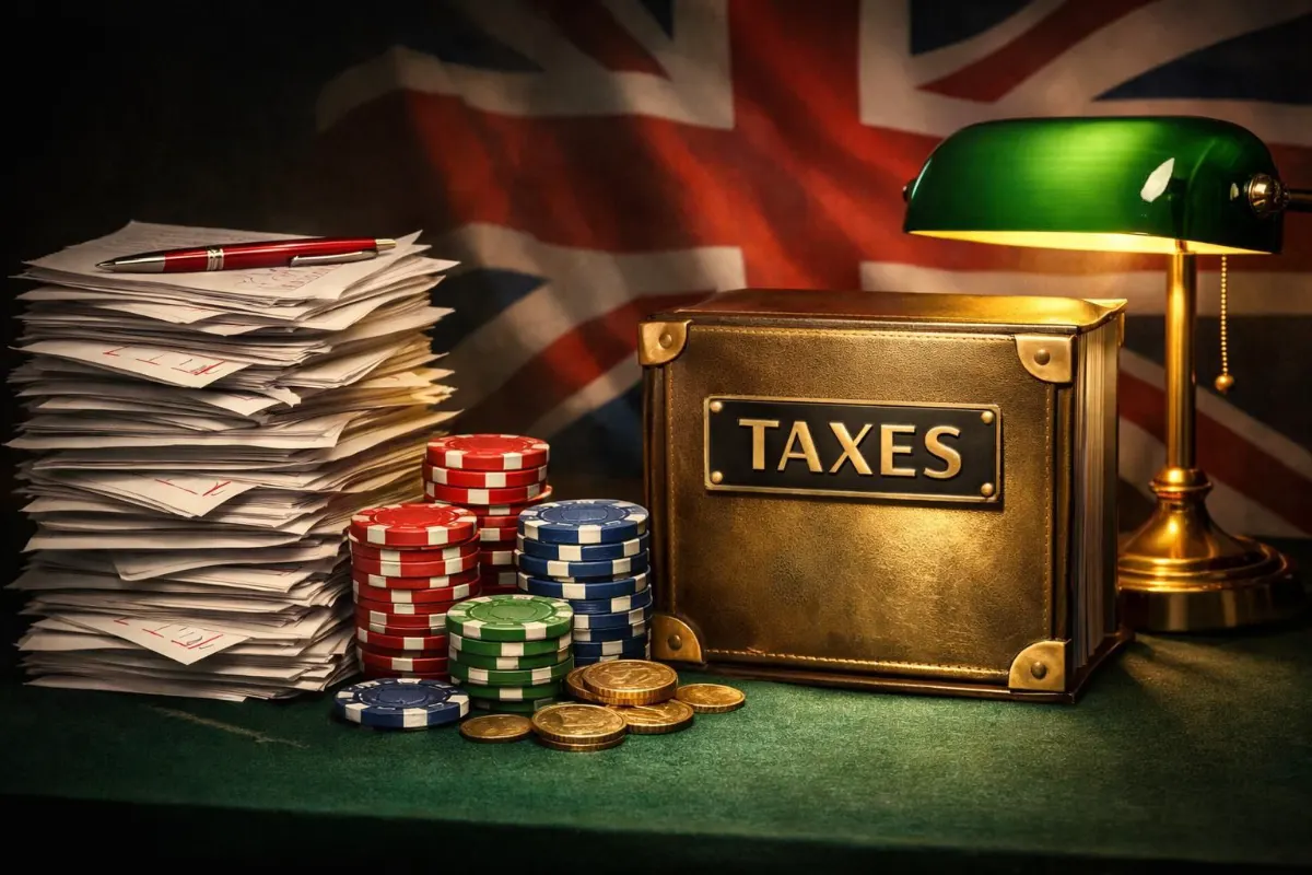 Conceptual still life with a stack of papers and pen, piles of casino chips and coins, and a brass box labeled “TAXES” under a green desk lamp, set against a blurred Union Jack backdrop.