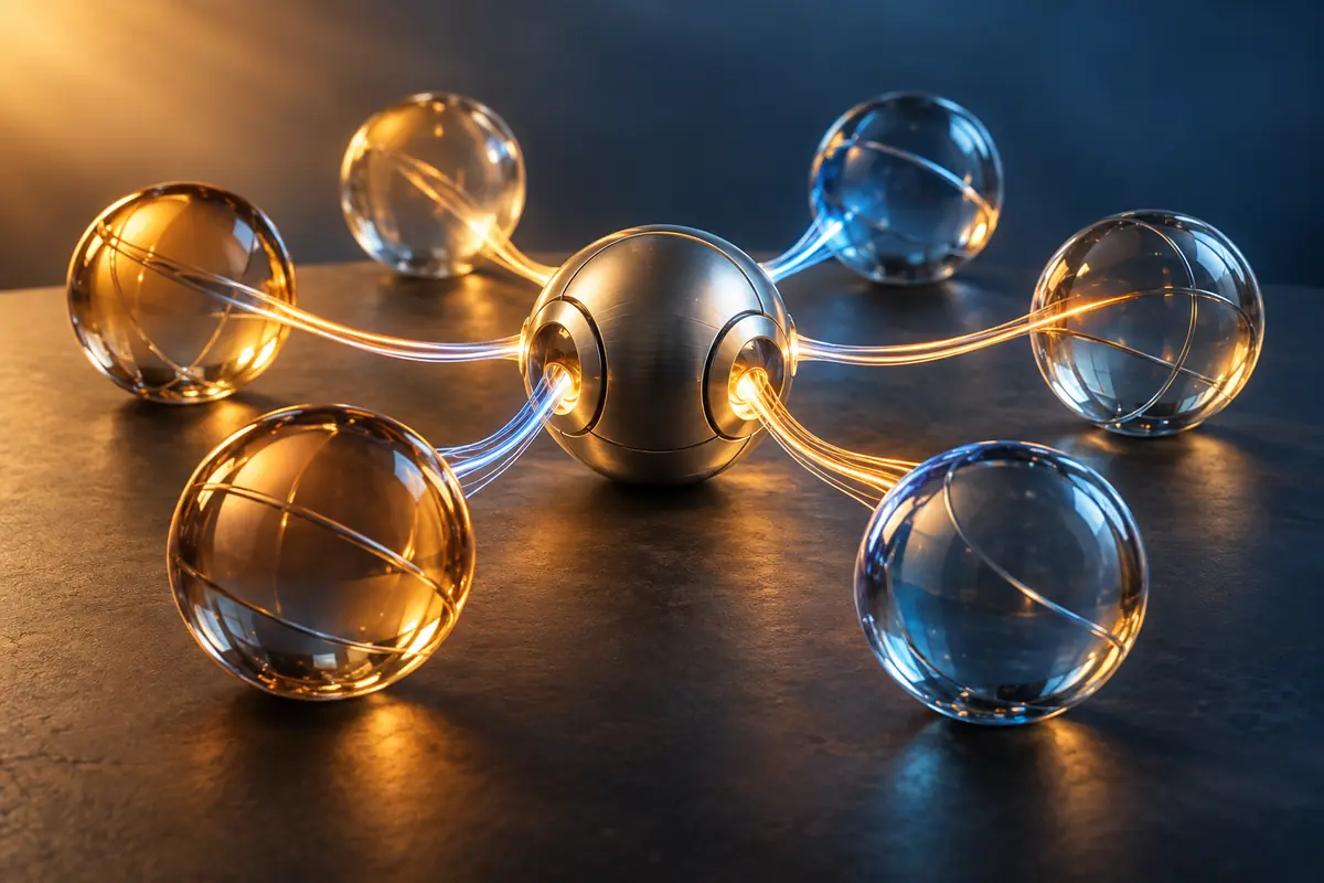 Conceptual silver hub connected to glass spheres by orange and blue light ribbons.