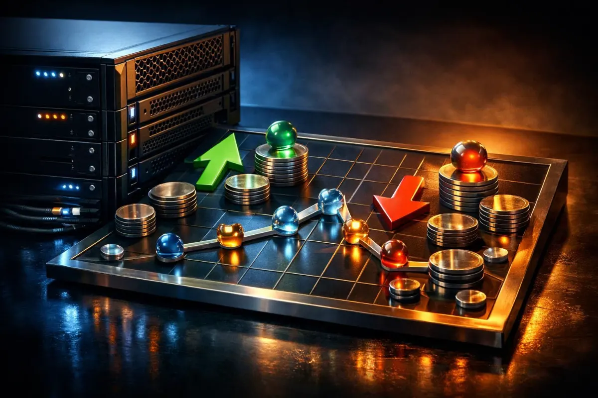 Conceptual illustration of a black server rack beside a grid-like market board with stacked metallic tokens, glass markers and green and red arrows under blue and amber lighting.