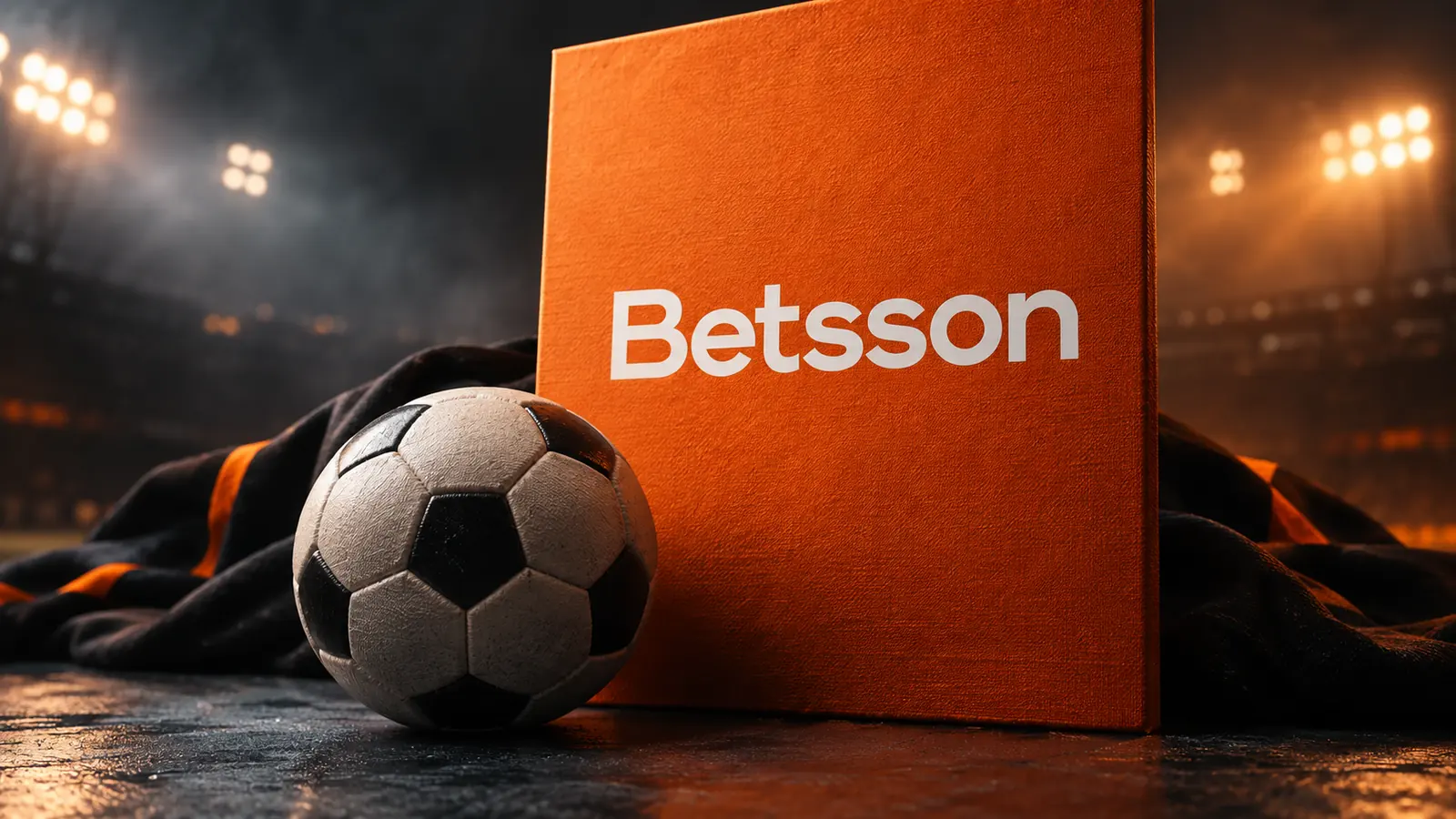 Conceptual sports-business still life with an orange Betsson name panel and a football.