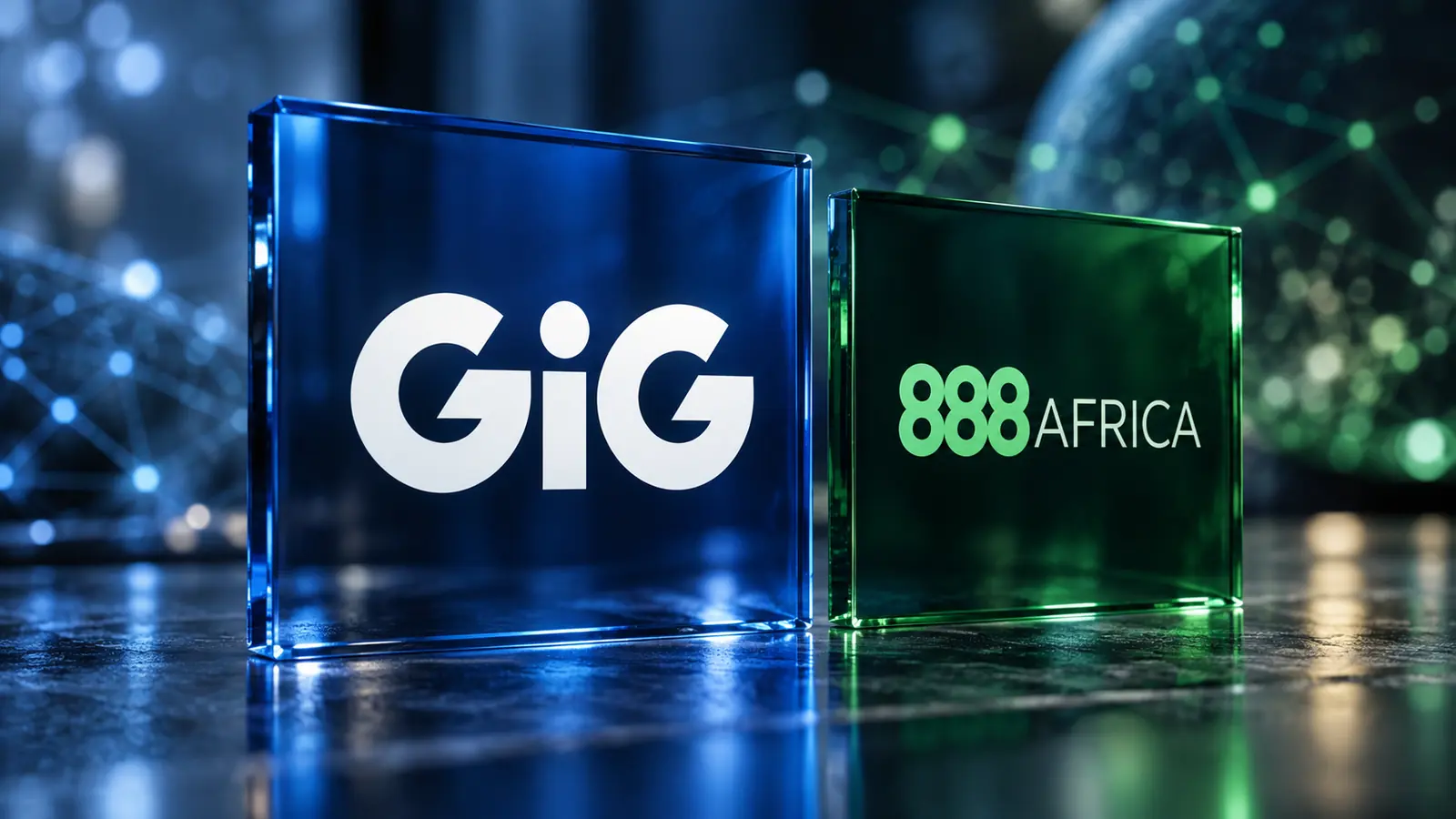 Conceptual studio composition with GiG and 888AFRICA names on blue and green glass panels.