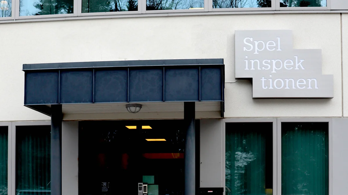 Entrance and Spelinspektionen sign at the Swedish gambling regulator’s building in Strängnäs